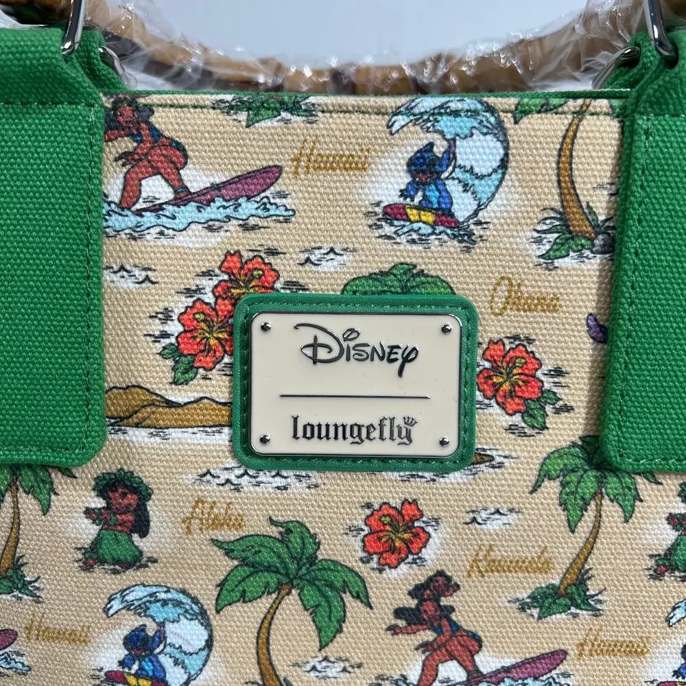 LOUNGEFLY Disney Lilo Stitch Canvas Tote Bag Aloha Map Bamboo Handle Green NWT